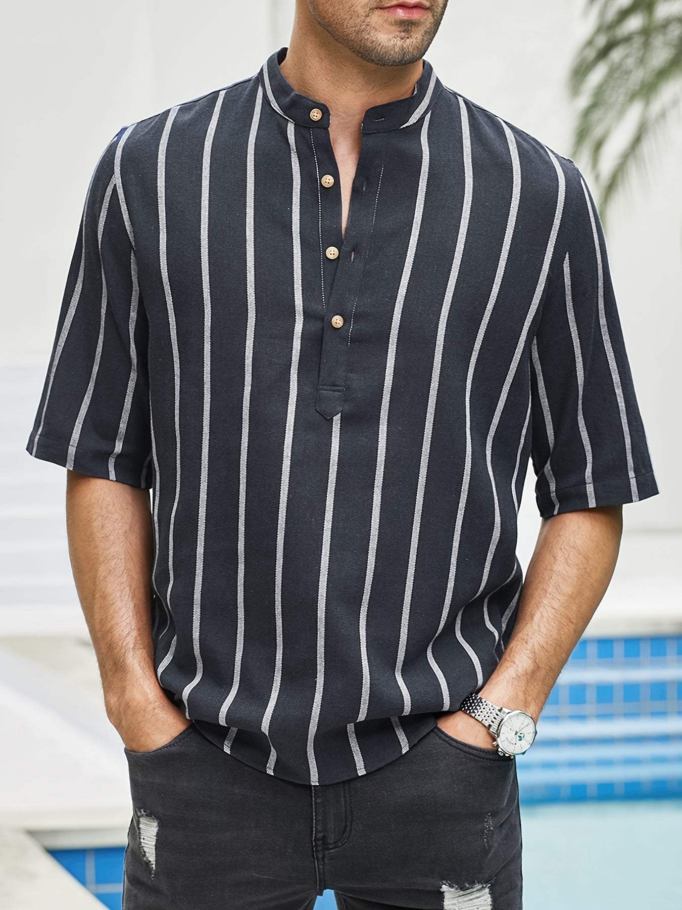 Men’s Casual Shirt - Vertical Stripes - Band Collar - Short Sleeve Relaxed Fit