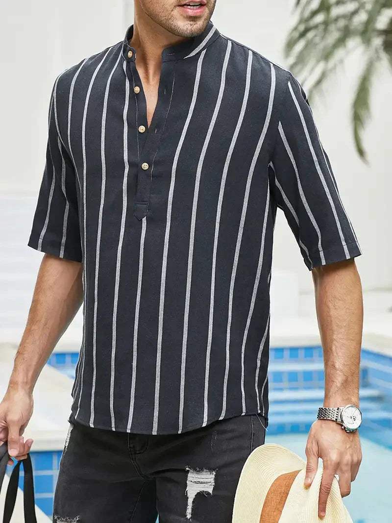 Men’s Casual Shirt - Vertical Stripes - Band Collar - Short Sleeve Relaxed Fit