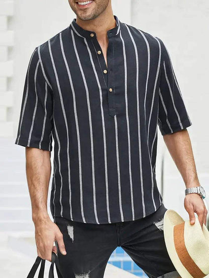 Men’s Casual Shirt - Vertical Stripes - Band Collar - Short Sleeve Relaxed Fit