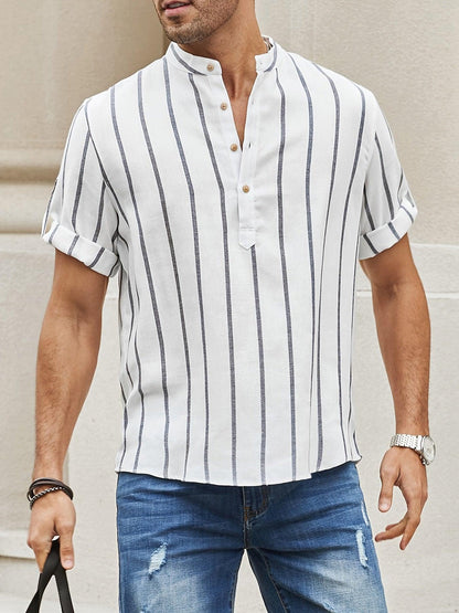 Men’s Casual Shirt - Vertical Stripes - Band Collar - Short Sleeve Relaxed Fit