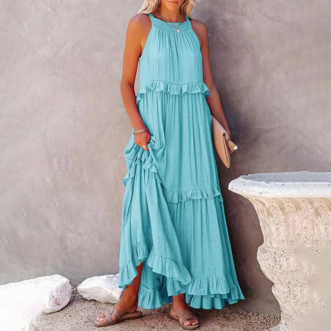 Women's Maxi Dress - Halter Neck - Sleeveless Flowing Fit - Tiered Ruffle Design