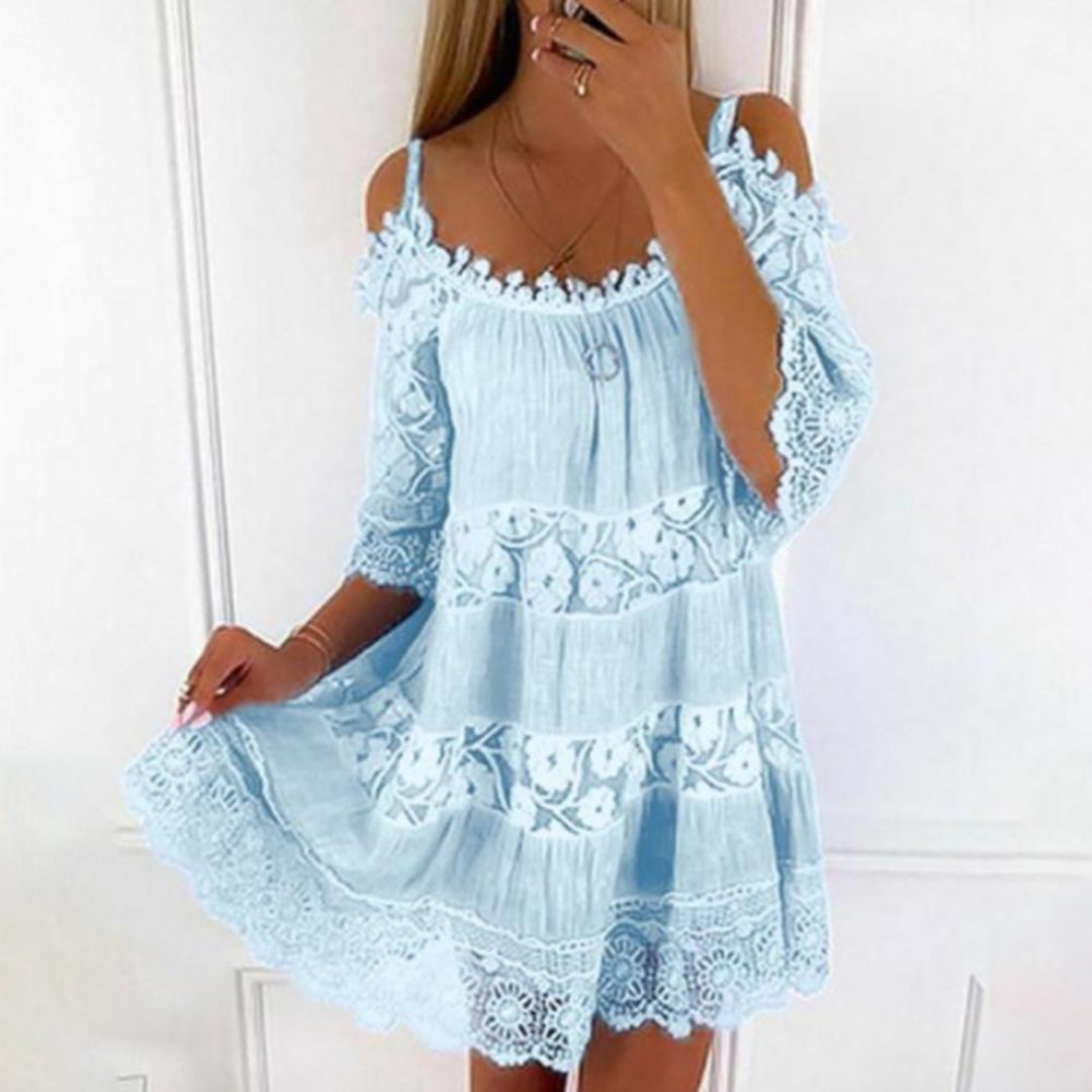 Women's Off-Shoulder Dress - Lace Detailing - Flowy Fit - Three-Quarter Sleeves