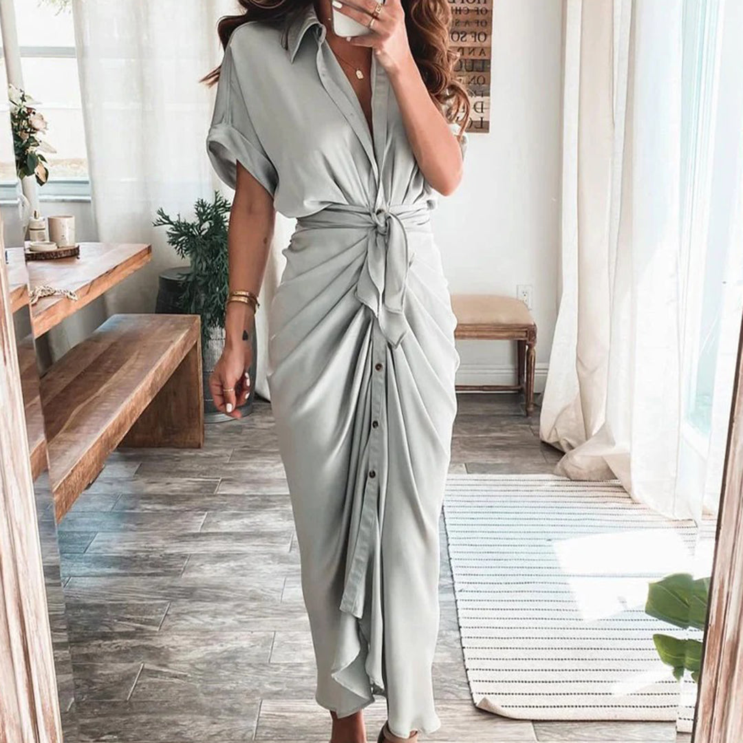 Women's Shirt Dress - Button Down - Waist Tie - Short Sleeve Flowy Midi Length