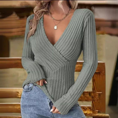 Women's Ribbed Wrap Sweater - V-Neck Crisscross Design - Long Sleeve Form-Fitting Knit