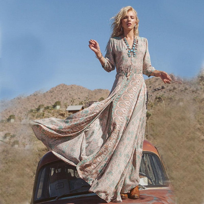 Women’s Maxi Dress – Boho Style – Cotton Blend – V-Neck – Button Front – 3/4 Sleeve