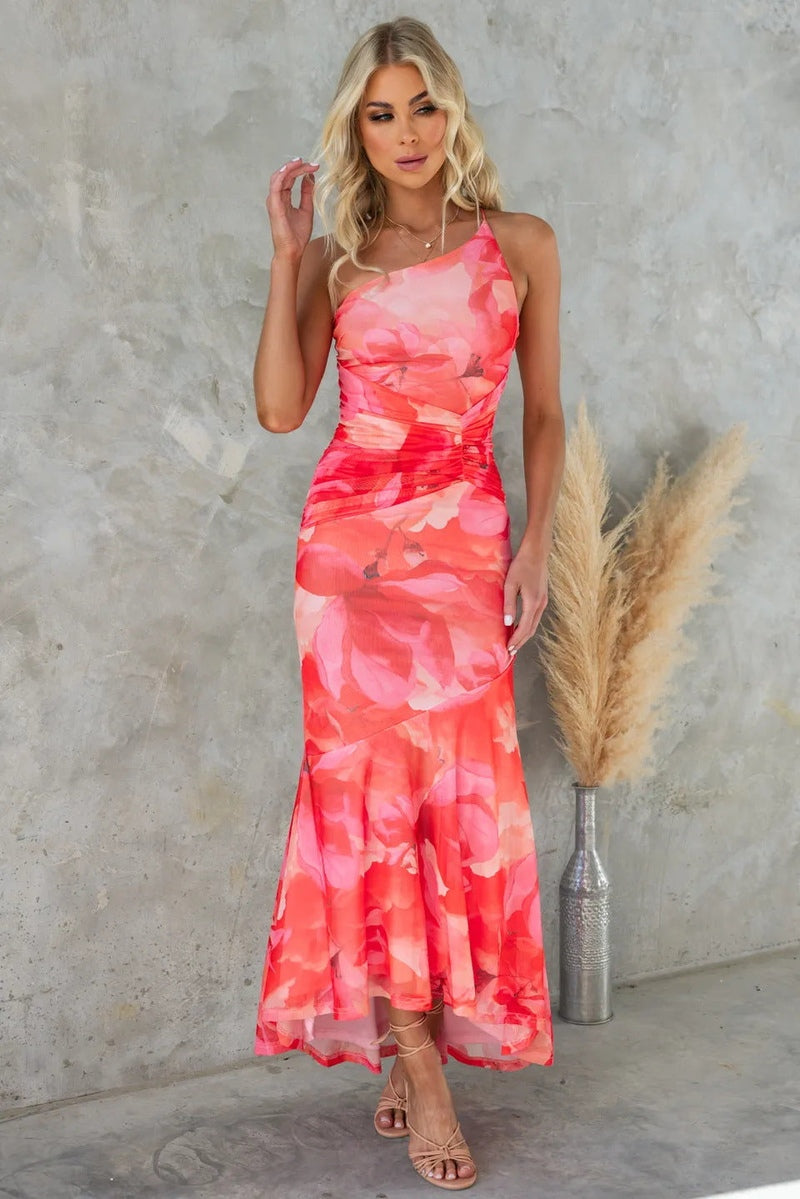 Women’s One-Shoulder Midi Dress – Fitted Bodice – Pleated Waist – A-Line Silhouette