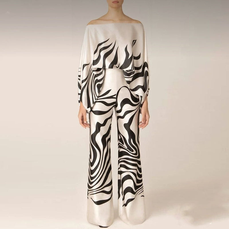 Women’s Blouse and Pants Set – Silk – One-Shoulder Top – Wide-Leg Relaxed Fit