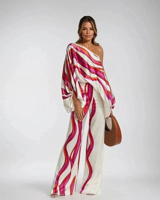 Women’s Blouse and Pants Set – Silk – One-Shoulder Top – Wide-Leg Relaxed Fit