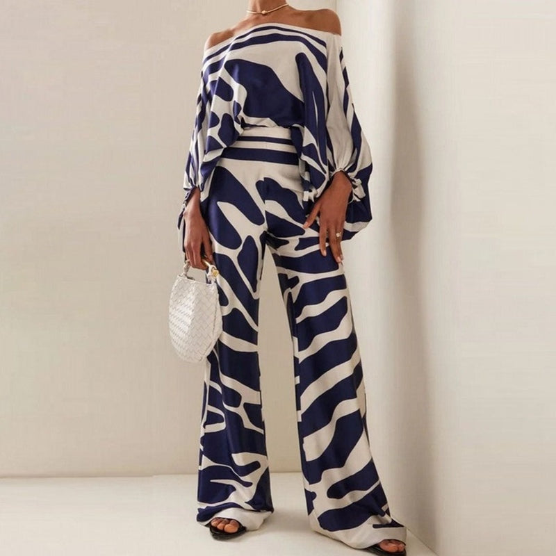 Women’s Blouse and Pants Set – Silk – One-Shoulder Top – Wide-Leg Relaxed Fit