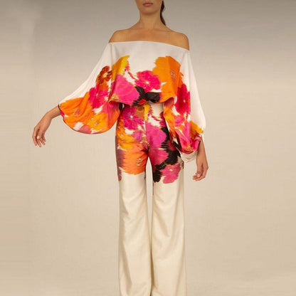 Women’s Blouse and Pants Set – Silk – One-Shoulder Top – Wide-Leg Relaxed Fit