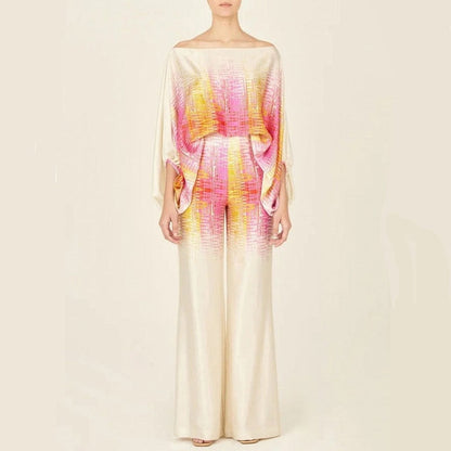 Women’s Blouse and Pants Set – Silk – One-Shoulder Top – Wide-Leg Relaxed Fit