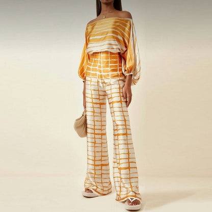 Women’s Blouse and Pants Set – Silk – One-Shoulder Top – Wide-Leg Relaxed Fit