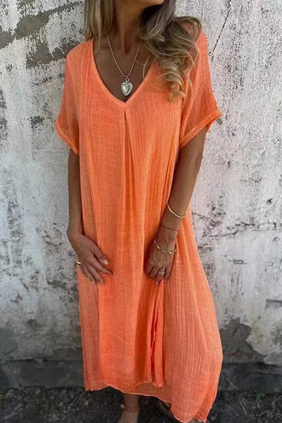 Solid V-Neck Midi Dress with Short Sleeves - Breathable and Lightweight