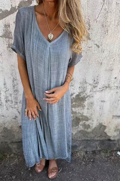 Linen Solid V-Neck Midi Dress with Short Sleeves - Breathable and Lightweight