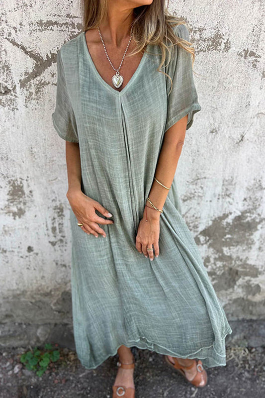 Linen Solid V-Neck Midi Dress with Short Sleeves - Breathable and Lightweight