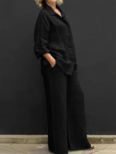 Women's Two-Piece Outfit - Long Sleeve Button-Up Shirt & Wide-Leg Trousers - Relaxed Fit