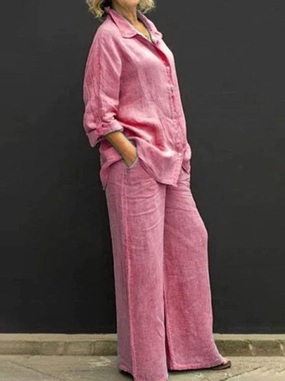 Women's Two-Piece Outfit - Long Sleeve Button-Up Shirt & Wide-Leg Trousers - Relaxed Fit