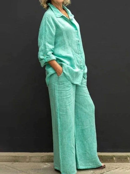 Women's Two-Piece Outfit - Long Sleeve Button-Up Shirt & Wide-Leg Trousers - Relaxed Fit