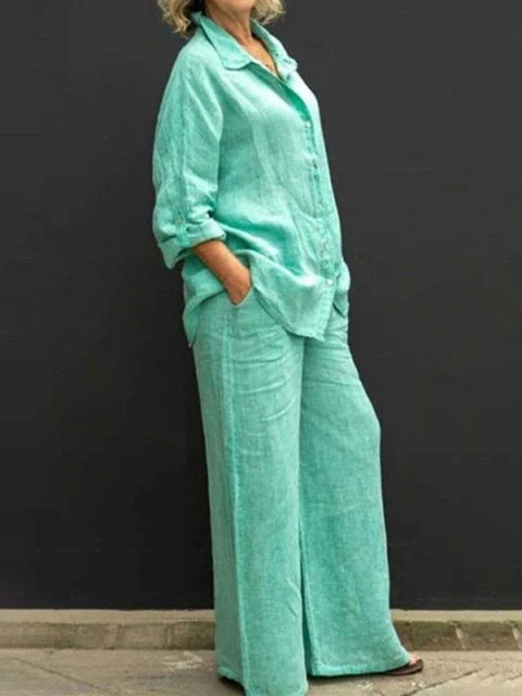 Women's Two-Piece Outfit - Long Sleeve Button-Up Shirt & Wide-Leg Trousers - Relaxed Fit
