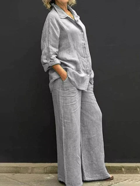 Women's Two-Piece Outfit - Long Sleeve Button-Up Shirt & Wide-Leg Trousers - Relaxed Fit