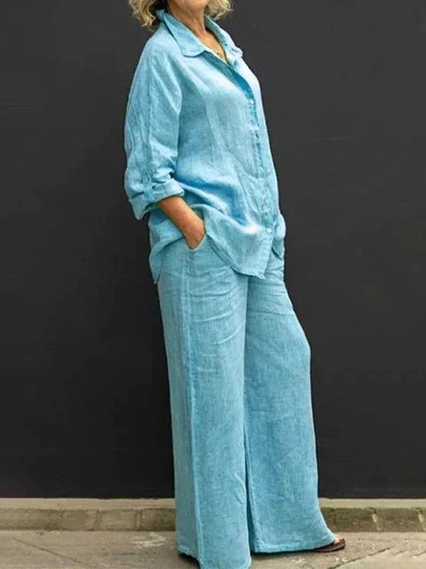 Women's Two-Piece Outfit - Long Sleeve Button-Up Shirt & Wide-Leg Trousers - Relaxed Fit