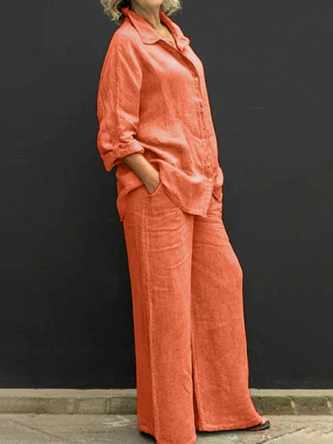 Women's Two-Piece Outfit - Long Sleeve Button-Up Shirt & Wide-Leg Trousers - Relaxed Fit