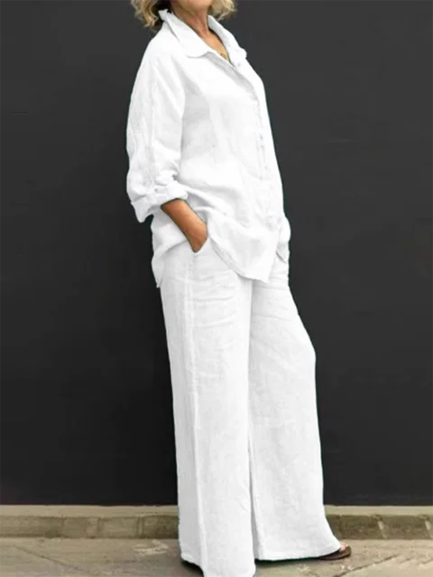 Women's Two-Piece Outfit - Long Sleeve Button-Up Shirt & Wide-Leg Trousers - Relaxed Fit