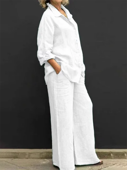 Women's Two-Piece Outfit - Long Sleeve Button-Up Shirt & Wide-Leg Trousers - Relaxed Fit
