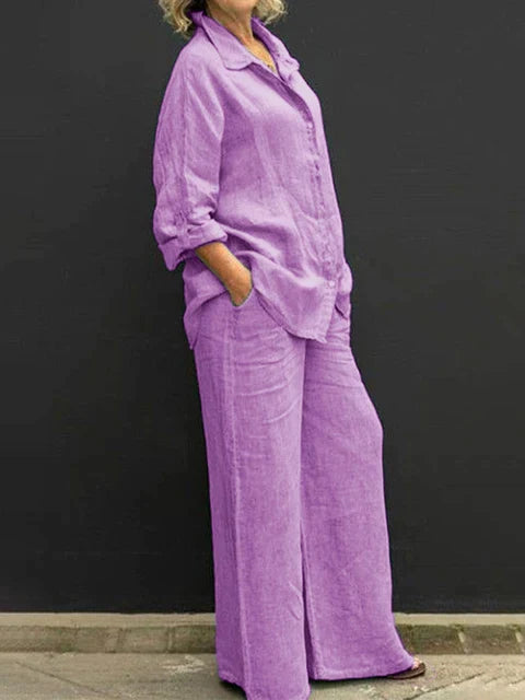Women's Two-Piece Outfit - Long Sleeve Button-Up Shirt & Wide-Leg Trousers - Relaxed Fit