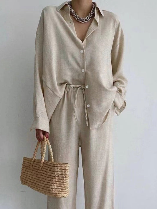 Women’s Two-Piece Set – Relaxed Fit Blouse & Wide-Leg Trousers – Breathable Blend
