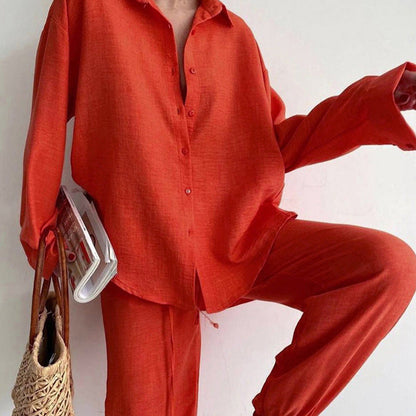 Women’s Two-Piece Set – Relaxed Fit Blouse & Wide-Leg Trousers – Breathable Blend