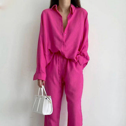 Women’s Two-Piece Set – Relaxed Fit Blouse & Wide-Leg Trousers – Breathable Blend