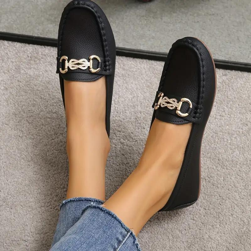 Women's Loafers - Leather Upper - Metallic Buckle Detail - Almond Toe - Rubber Sole