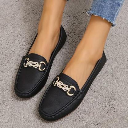 Women's Loafers - Leather Upper - Metallic Buckle Detail - Almond Toe - Rubber Sole