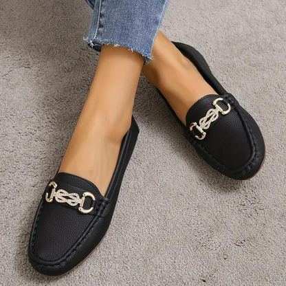 Women's Loafers - Leather Upper - Metallic Buckle Detail - Almond Toe - Rubber Sole