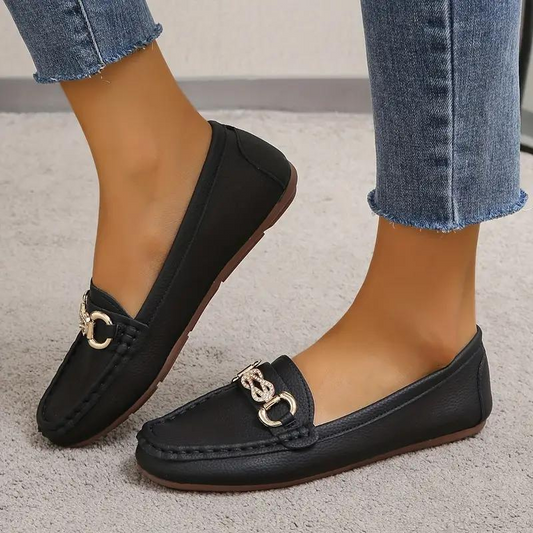 Women's Loafers - Leather Upper - Metallic Buckle Detail - Almond Toe - Rubber Sole