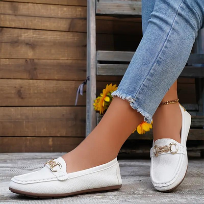 Women's Loafers - Leather Upper - Metallic Buckle Detail - Almond Toe - Rubber Sole