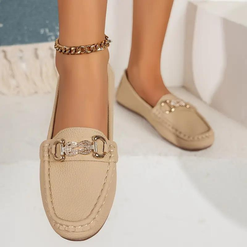 Women's Loafers - Leather Upper - Metallic Buckle Detail - Almond Toe - Rubber Sole