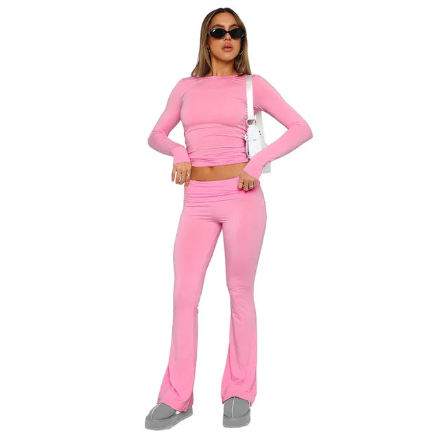 Women's Flared Trousers - Stretch Fabric - Low Rise - Foldable Waistband - Comfortable Fit