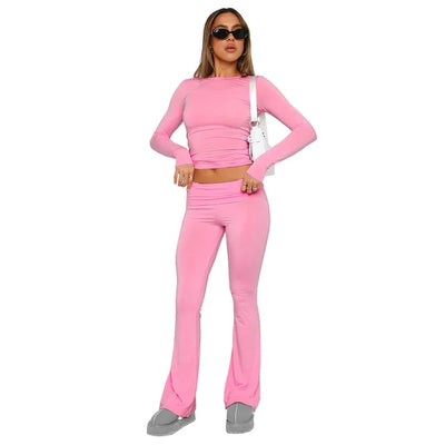 Women's Flared Trousers - Stretch Fabric - Low Rise - Foldable Waistband - Comfortable Fit