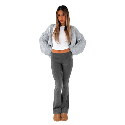 Women's Flared Trousers - Stretch Fabric - Low Rise - Foldable Waistband - Comfortable Fit