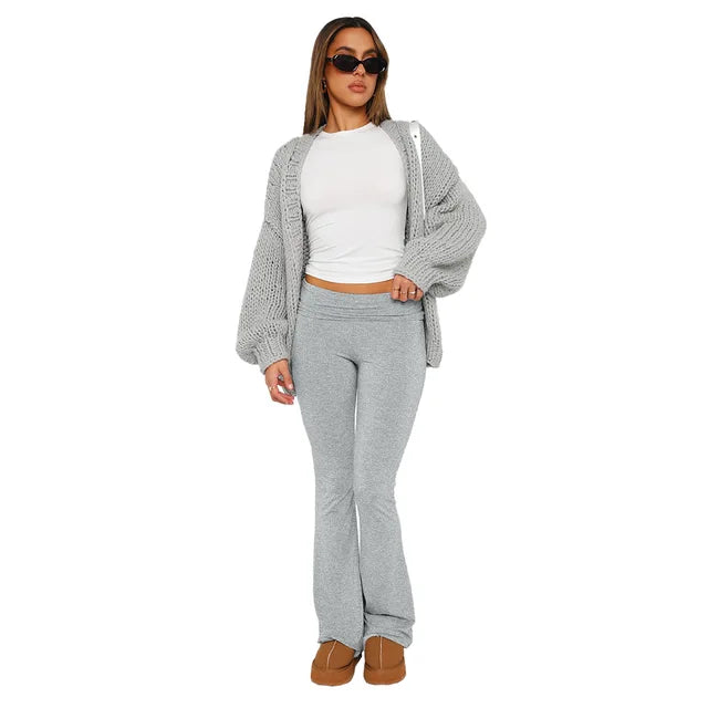 Women's Flared Trousers - Stretch Fabric - Low Rise - Foldable Waistband - Comfortable Fit