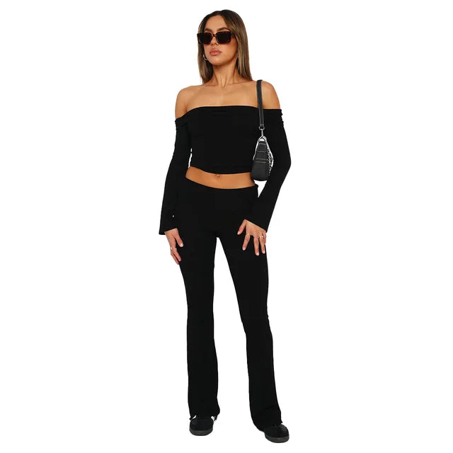 Women's Flared Trousers - Stretch Fabric - Low Rise - Foldable Waistband - Comfortable Fit