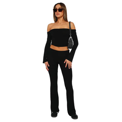 Women's Flared Trousers - Stretch Fabric - Low Rise - Foldable Waistband - Comfortable Fit