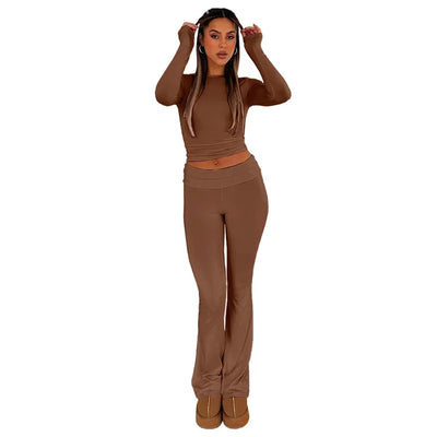 Women's Flared Trousers - Stretch Fabric - Low Rise - Foldable Waistband - Comfortable Fit
