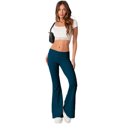 Women's Flared Trousers - Stretch Fabric - Low Rise - Foldable Waistband - Comfortable Fit