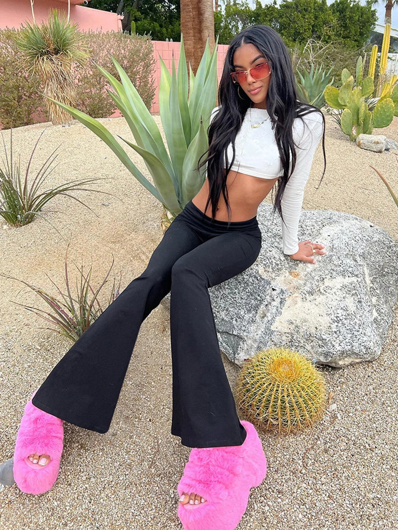 Women's Flared Trousers - Stretch Fabric - Low Rise - Foldable Waistband - Comfortable Fit