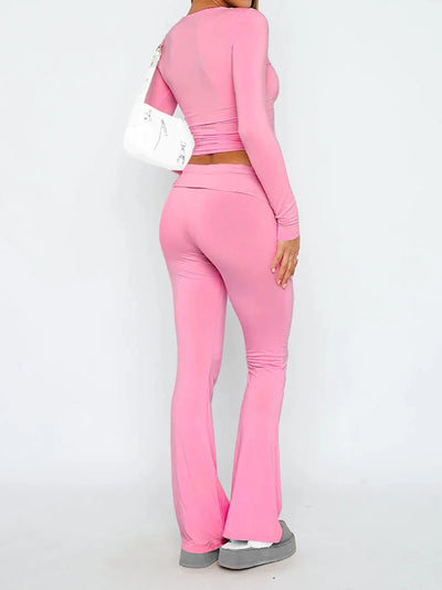 Women's Flared Trousers - Stretch Fabric - Low Rise - Foldable Waistband - Comfortable Fit