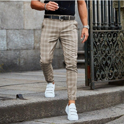 Men’s Chino Trousers – Slim Fit – Tapered Leg – Checked Pattern – Breathable Blend