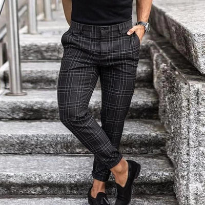 Men’s Chino Trousers – Slim Fit – Tapered Leg – Checked Pattern – Breathable Blend